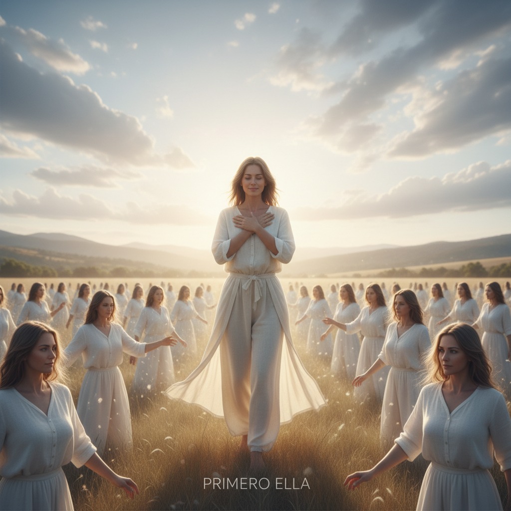 Many identical women in light clothing walk through a sunlit field beneath a cloudy sky.