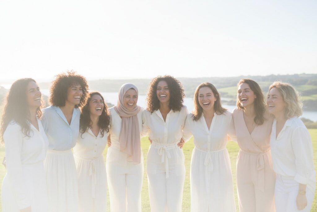A diverse group of seven women in light-colored clothing stand together in a line outdoors, laughing and smiling with their arms around each other.