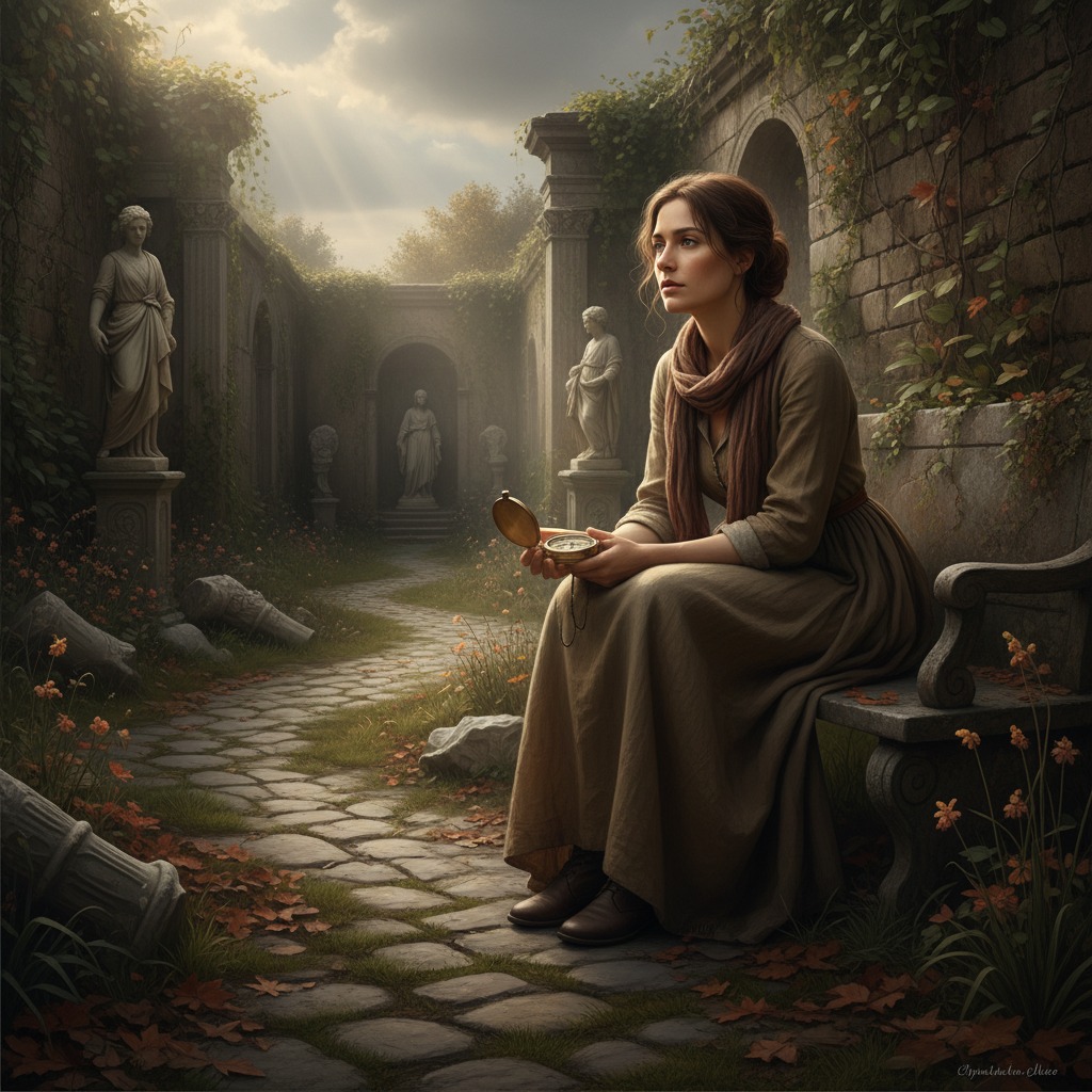 A woman wearing a long dress and scarf sits on a stone bench in an ancient, overgrown garden, holding an open pocket watch.