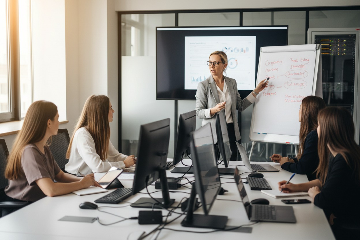 Una mujer presenta información en un rotafolio a un grupo de colegas sentadas en una mesa de reuniones con computadoras.