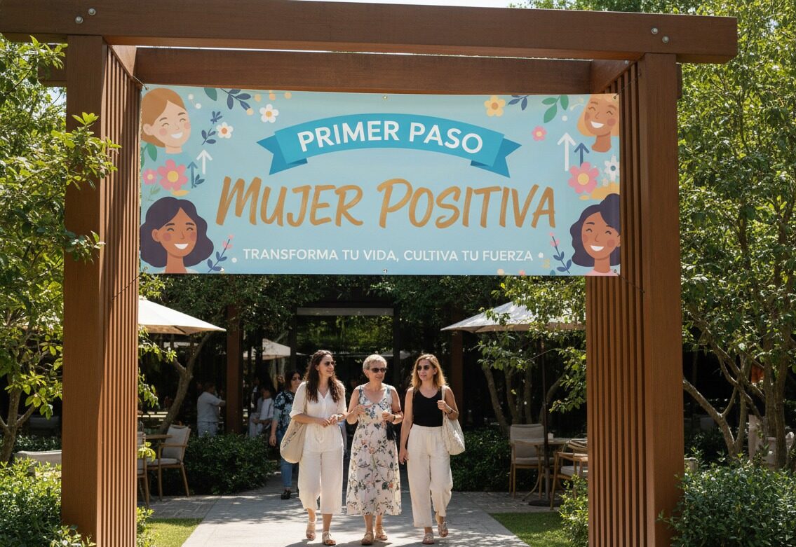 Tres mujeres caminan juntas bajo un letrero de madera que cuelga en un jardín al aire libre y dice "Primer Paso Mujer Positiva".