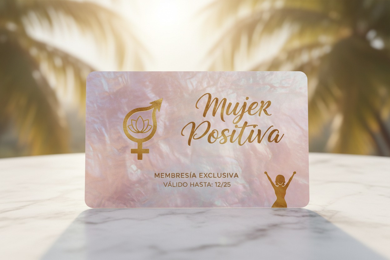 Tarjeta de membresía rosa con detalles dorados colocada sobre una superficie de mármol con fondo tropical difuminado.