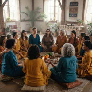 A diverse group of women sit in a circle on cushions on a wooden floor, holding hands during a gathering in a sunlit, plant-filled room.