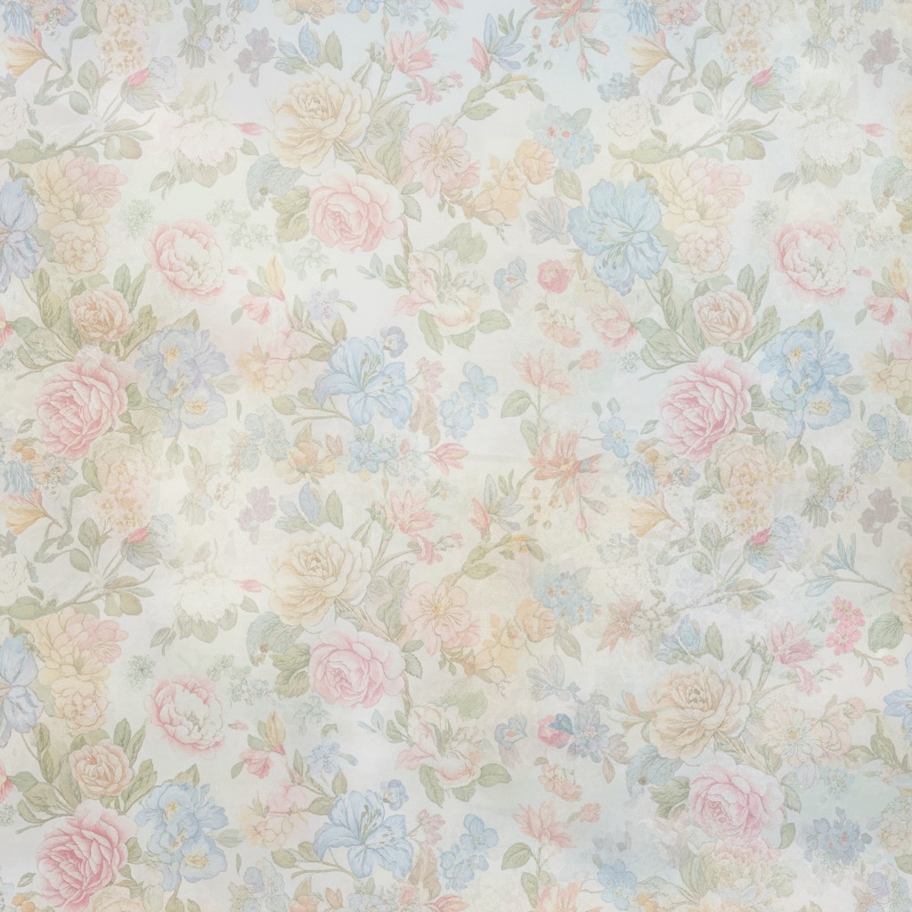 Vintage floral pattern with pink, yellow, and blue flowers and green leaves on a light background.