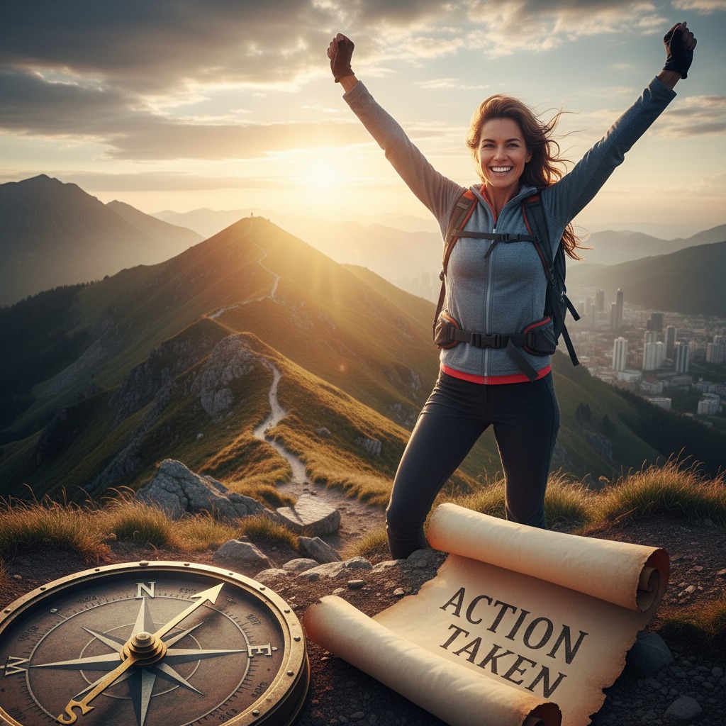 A smiling woman stands on a mountain peak with her arms raised in victory, next to a compass and a scroll that reads ACTION TAKEN.