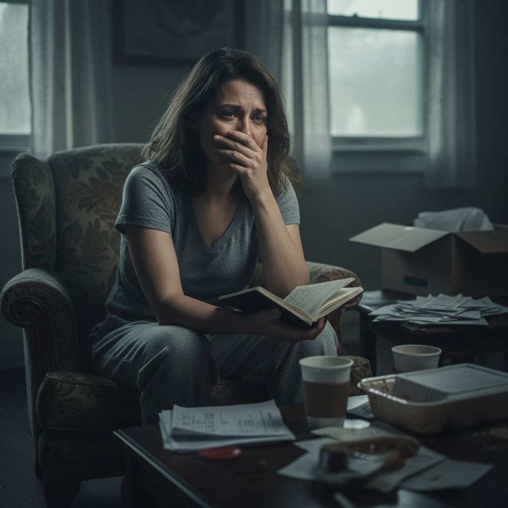 A distressed woman sits in an armchair, covering her mouth with her hand while holding an open book amidst a cluttered room.