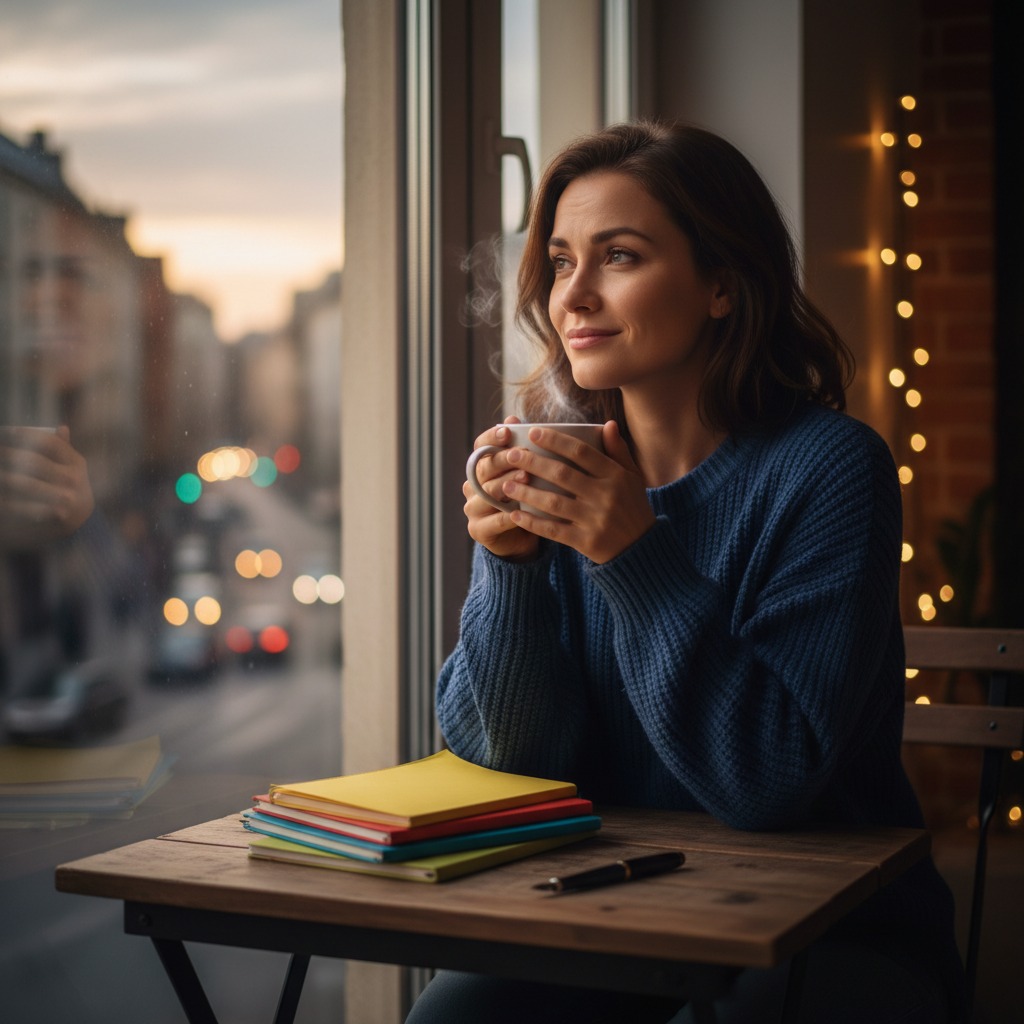 A woman in a blue sweater sits at a table by a window holding a steaming mug, with a stack of colorful notebooks and a pen on the table in front of her.